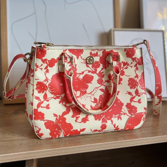 Tory Burch Collection 18 Leather Robinson Convertible Orange Floral Crossbody